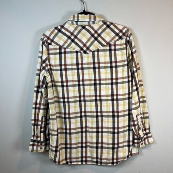 Cody James Boys Plaid Flannel Pearl Snap Shirt Beige Brown Western Pockets Large - Picture 12 of 15